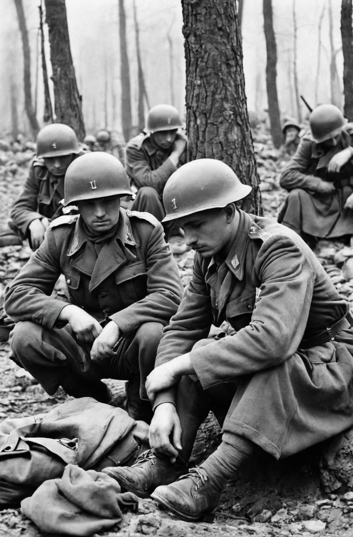 00101-Sad soldiers in World War II, black and white photo.png